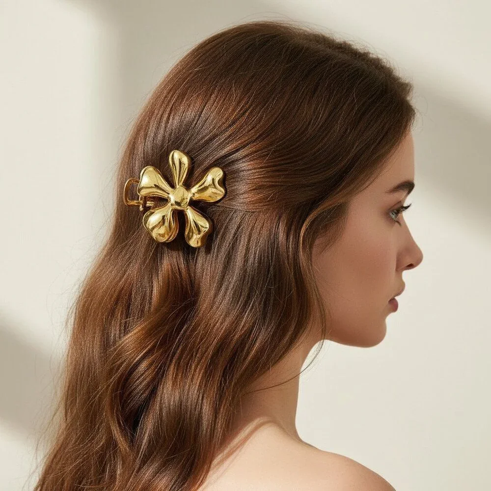Gold Plated Alloy Flower Hair Claw Clip Chic Minimalist Metal Barrette